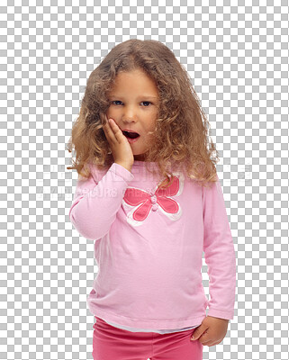 Buy stock photo Kid, portrait and girl with surprise, shock and wow emoji in transparent, isolated or png background. Shocked, face and child with reaction to news, announcement or promotion in fashion with style