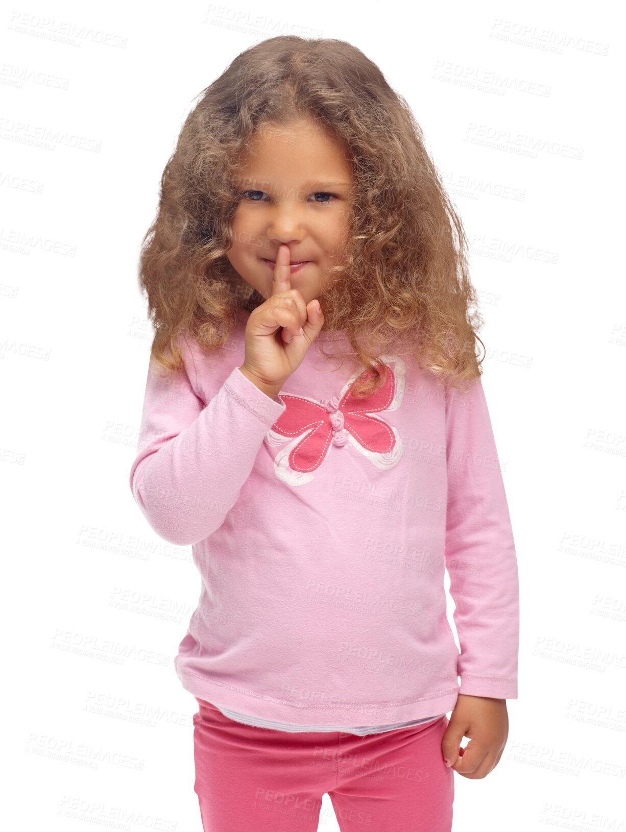 Buy stock photo Fashion, secret and portrait of girl child with finger on lips on isolated, transparent or png background. Whisper, emoji and kid face with hush sign, privacy or confidential, gossip or hand gesture