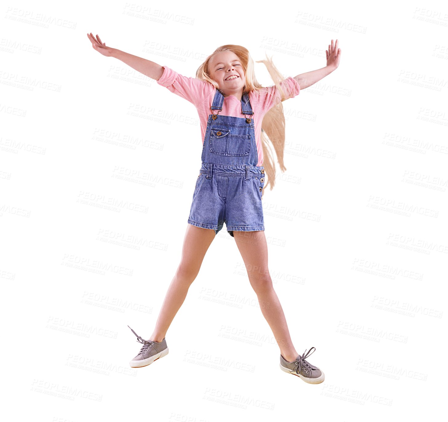 Buy stock photo Happy, child and portrait of jump with energy, freedom or excited in transparent, isolated or png background. Girl, smile and leap while bounce with joy and playing with fashion, style or clothes 