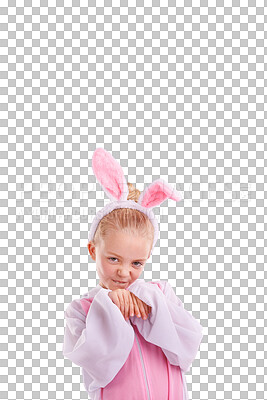 Buy stock photo Portrait, bunny outfit and girl child with funny costume on isolated, transparent or png background. Rabbit, outfit and face of cute kid with clothing for halloween, easter or theme birthday party 