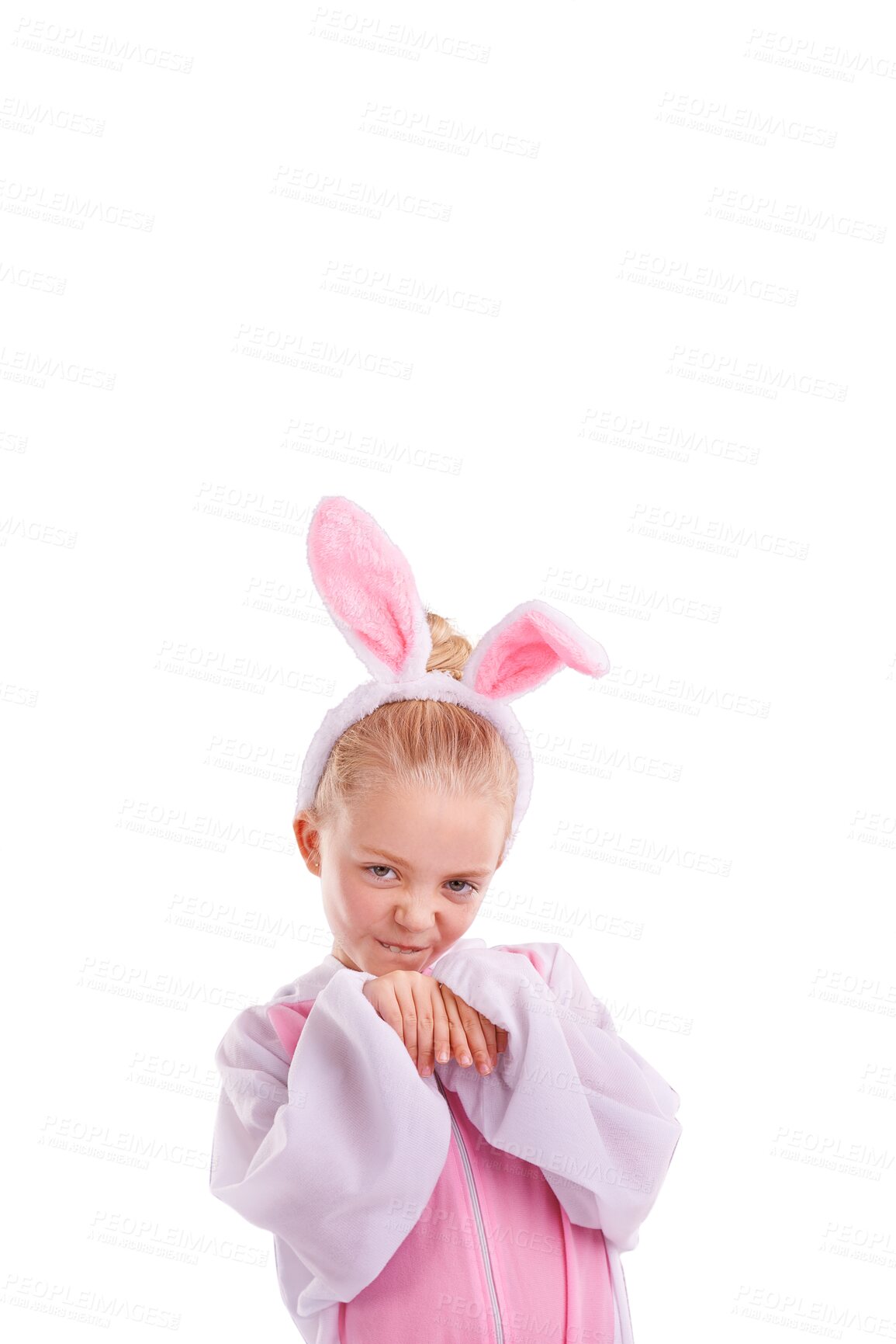 Buy stock photo Portrait, bunny outfit and girl child with funny costume on isolated, transparent or png background. Rabbit, outfit and face of cute kid with clothing for halloween, easter or theme birthday party 