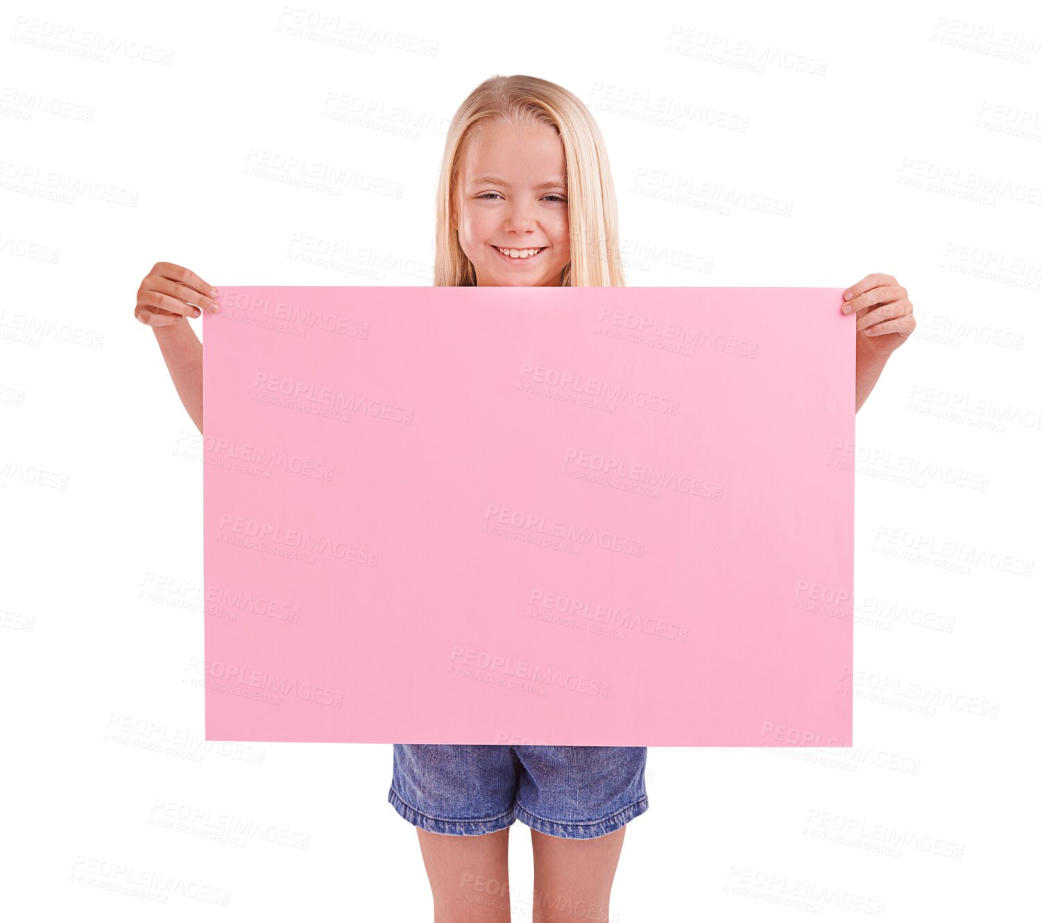 Buy stock photo Portrait, smile and kid with sign for mockup space, advertising and marketing. Happy girl child with banner, paper poster and promotion, information or flyer isolated on a transparent png background