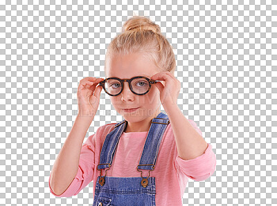 Buy stock photo Kid, portrait and fashion glasses for vision, optometry and prescription eye care on isolated, transparent and png background. Face, girl and child youth with style, cool and ophthalmology eyeglasses