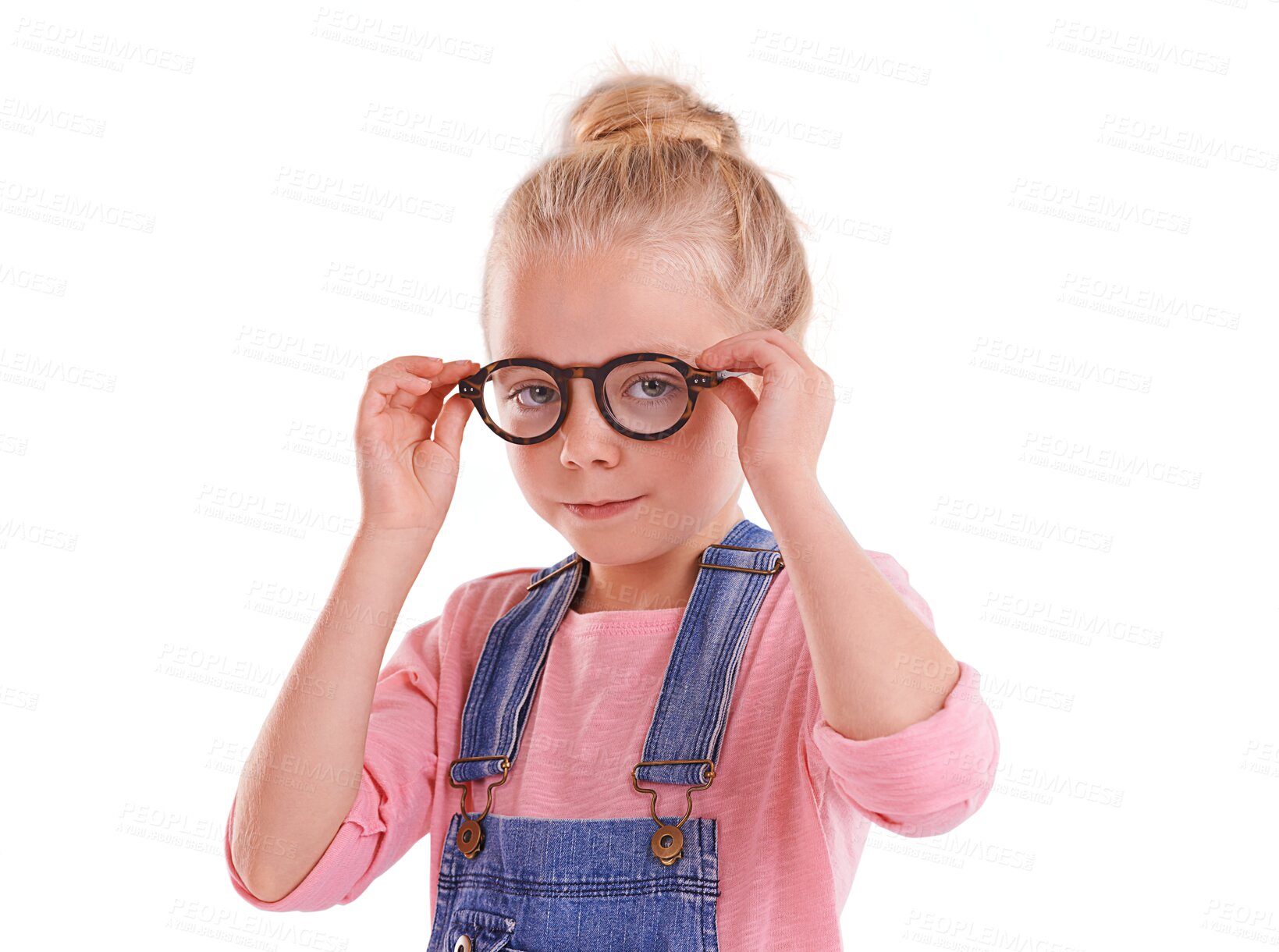 Buy stock photo Kid, portrait and fashion glasses for vision, optometry and prescription eye care on isolated, transparent and png background. Face, girl and child youth with style, cool and ophthalmology eyeglasses