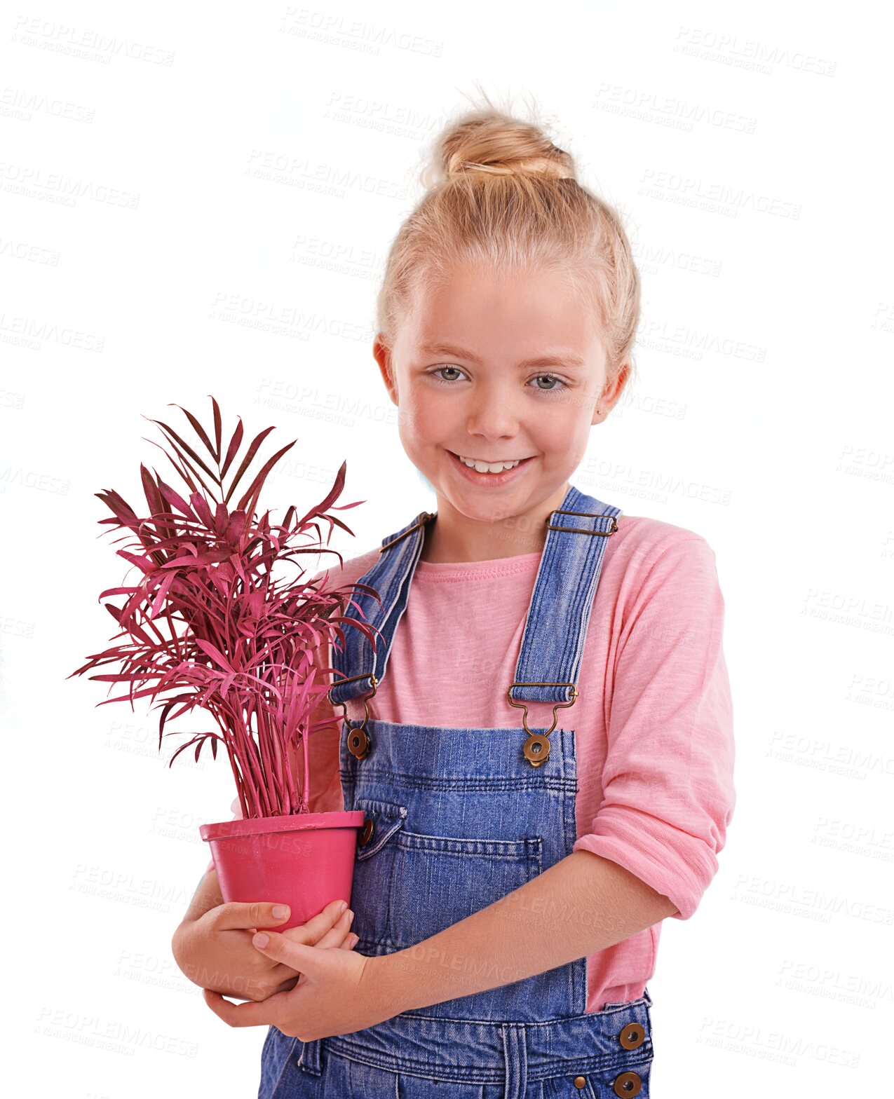 Buy stock photo Portrait, plant and smile of child with pot isolated on transparent png background. Face of happy blonde kid with potted leaf, natural sustainability or gardening for ecology, earth day and cute girl