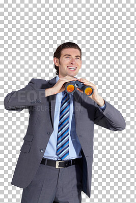 Buy stock photo Binoculars, happy and search of man in business, sightseeing and smile in investigation of opportunity. Young, entrepreneur and usa person in travel, suit and isolated on transparent png background