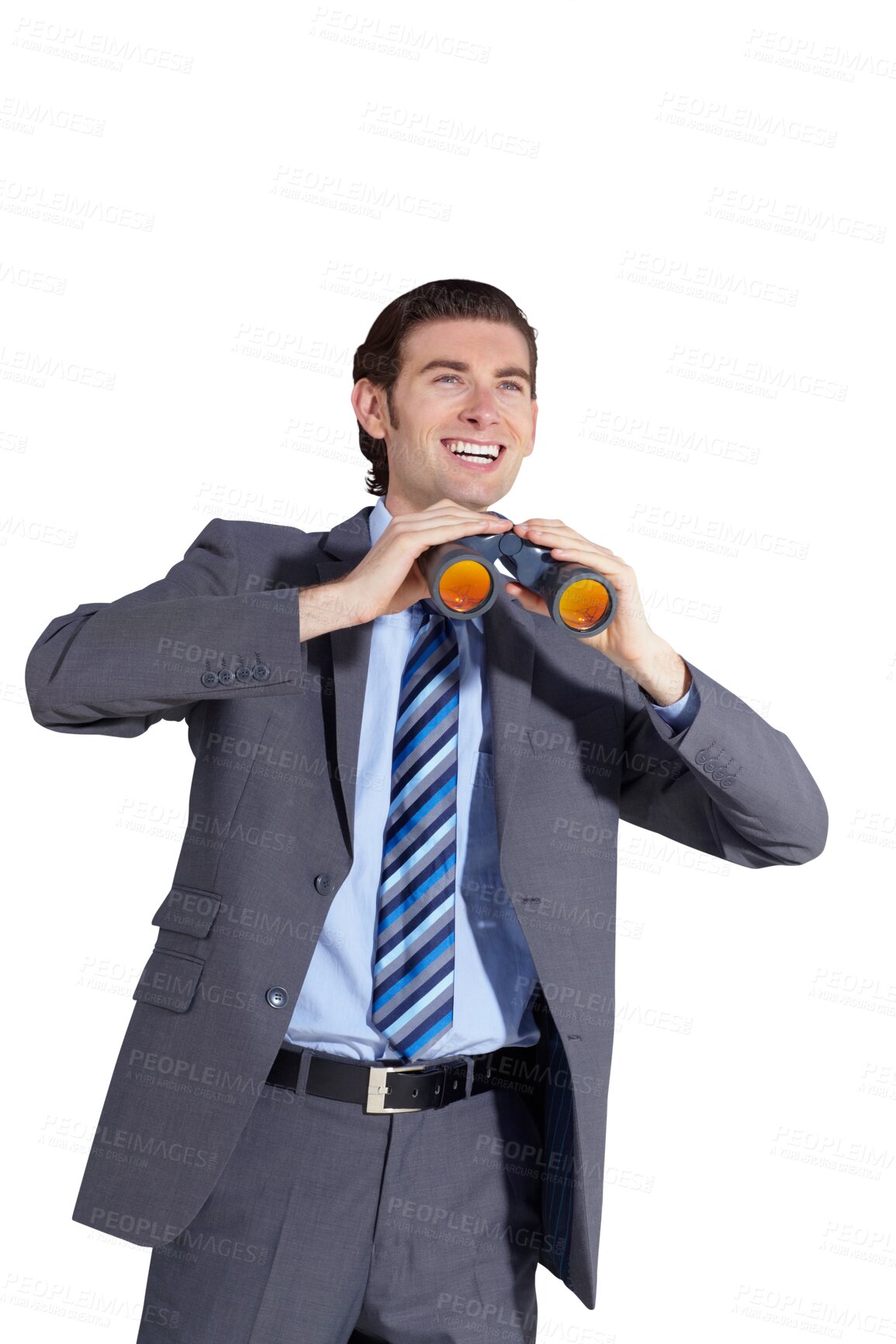 Buy stock photo Binoculars, happy and search of man in business, sightseeing and smile in investigation of opportunity. Young, entrepreneur and usa person in travel, suit and isolated on transparent png background