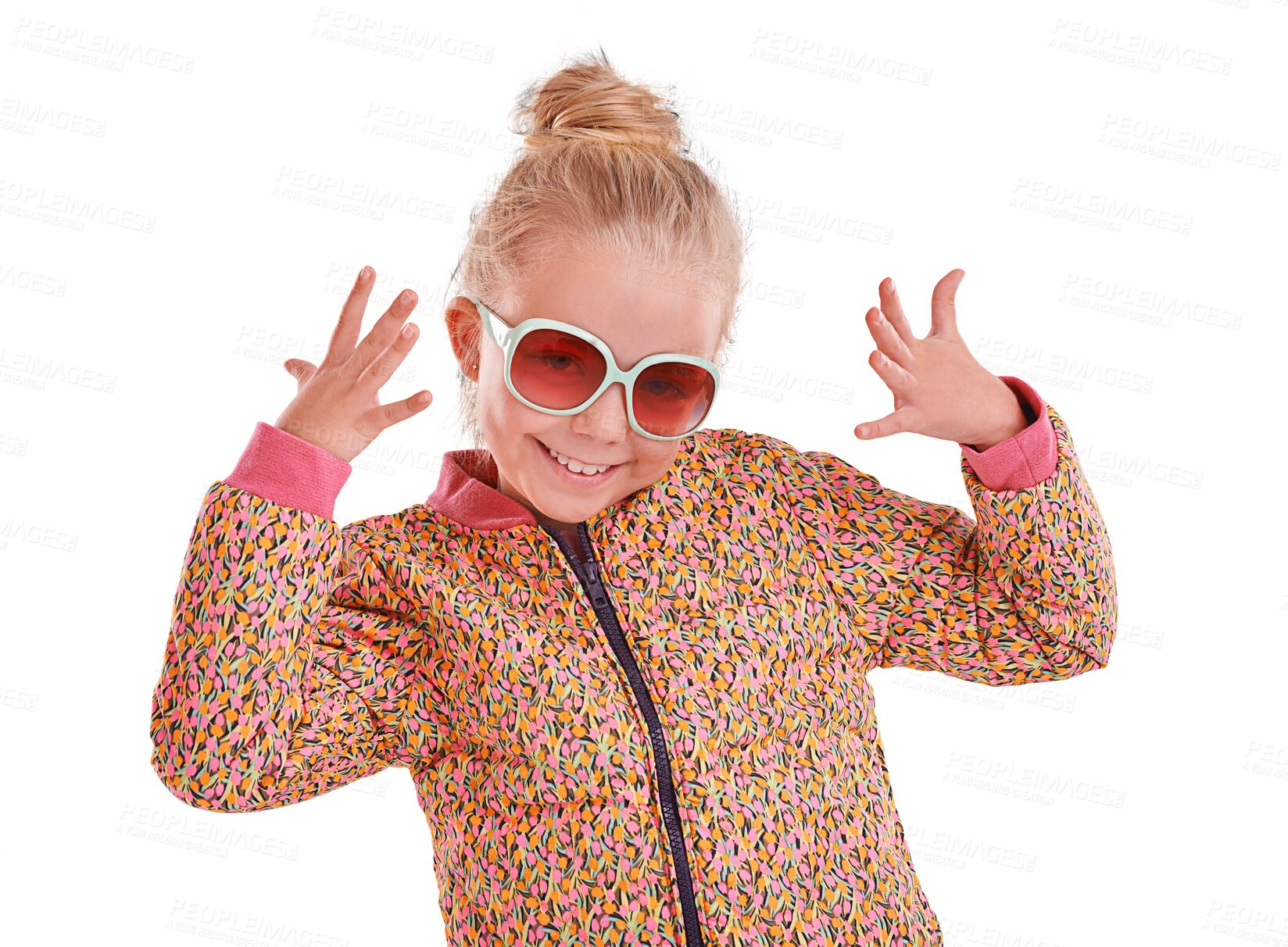 Buy stock photo Child, portrait or fashion sunglasses for style, cool and trendy vision on isolated, transparent and png background. Face, girl or happy kid with summer optometry, ophthalmologist and eye care frames