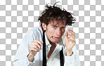 Portrait, mental health and crazy business man, stress or frustrated isolated on a transparent png background. Face, professional and person with depression, anxiety and financial crisis or disaster