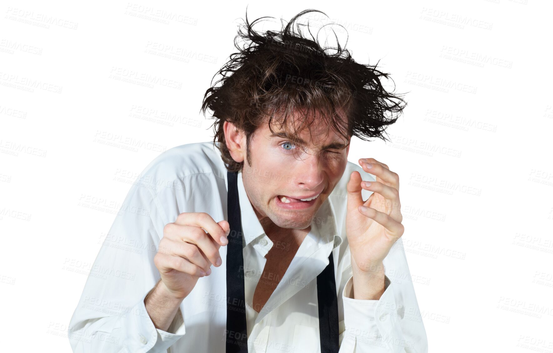 Buy stock photo Portrait, mental health and crazy business man, stress or frustrated isolated on a transparent png background. Face, professional and person with depression, anxiety and financial crisis or disaster