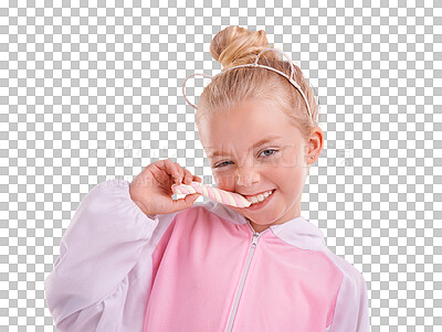 Buy stock photo Portrait, smile and girl with candy, kid and excited child isolated on a transparent background. Face, person and model with a treat, sweet and sugar with happiness, cheerful and joy with png