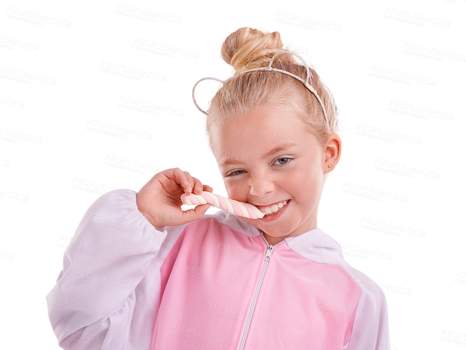 Buy stock photo Portrait, smile and girl with candy, kid and excited child isolated on a transparent background. Face, person and model with a treat, sweet and sugar with happiness, cheerful and joy with png