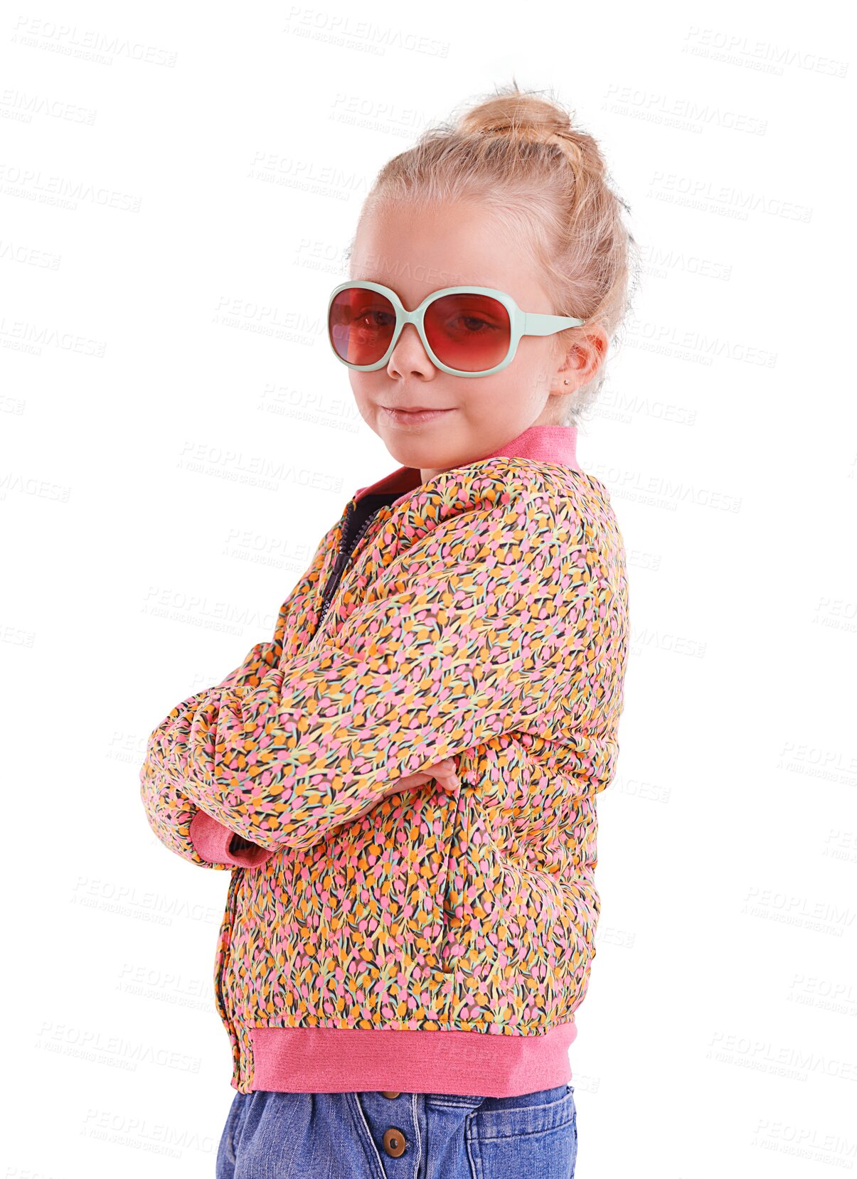 Buy stock photo Fashion, crossed arms and portrait of child with sunglasses for casual, funky and trendy outfit. Cool, confidence and young girl kid model with colorful style isolated by transparent png background.