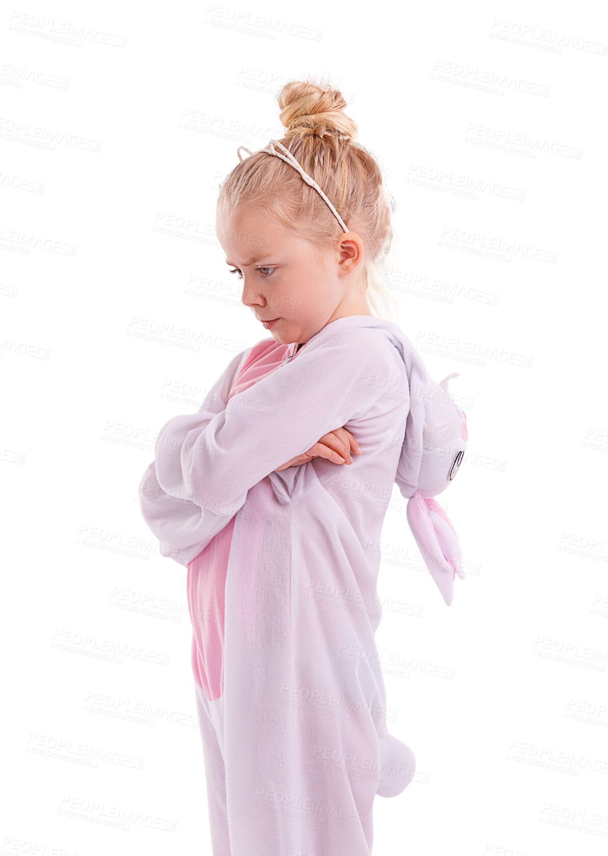 Buy stock photo Kid, girl and angry with pajamas, thinking and upset person isolated on a transparent background. Child, png or model with conflict, reaction or emotion with facial expression, arms crossed or stress