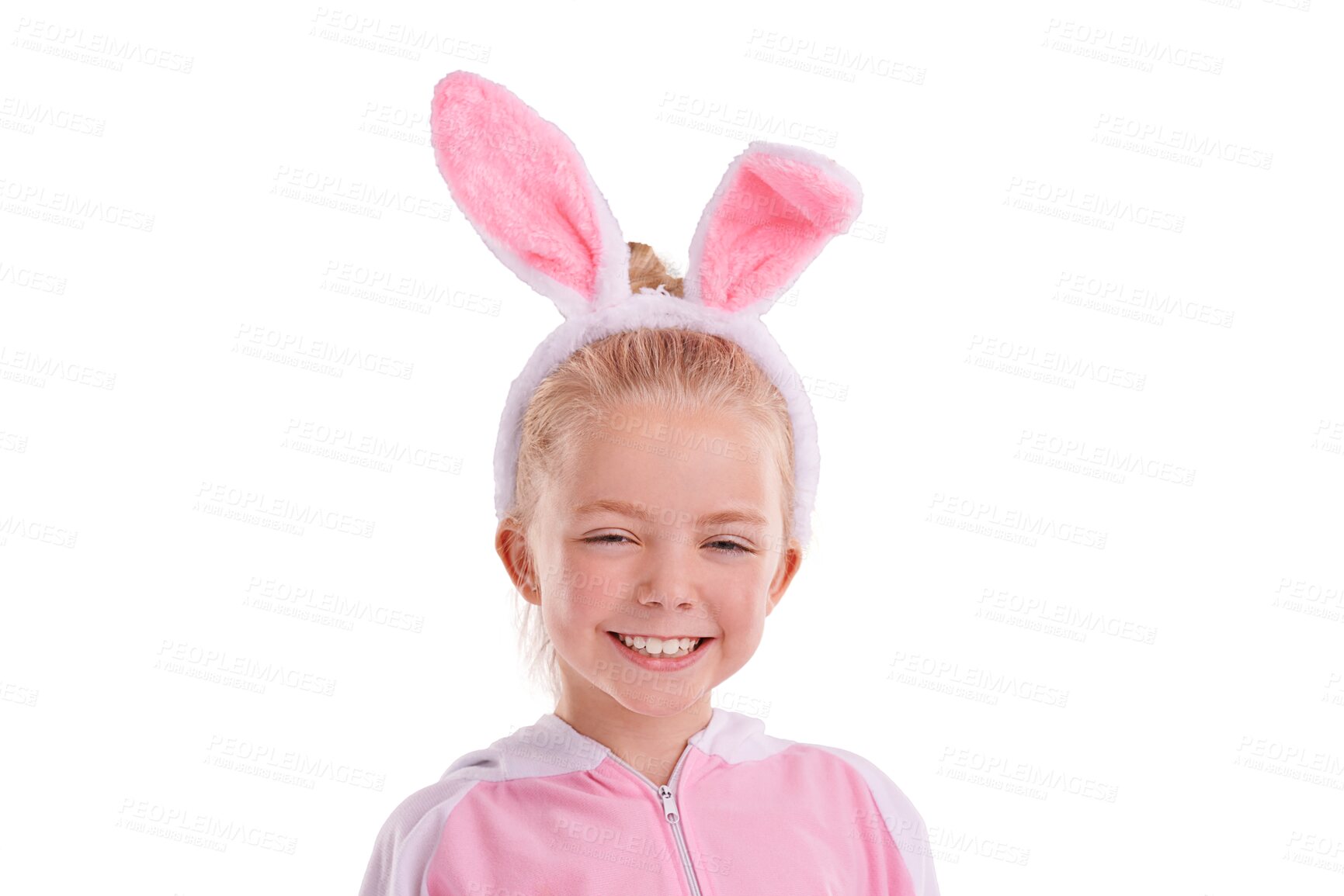 Buy stock photo Portrait, bunny and girl child with funny costume on isolated, transparent or png background. Rabbit, outfit and face of playful kid with cute clothing for halloween, easter or theme birthday party 