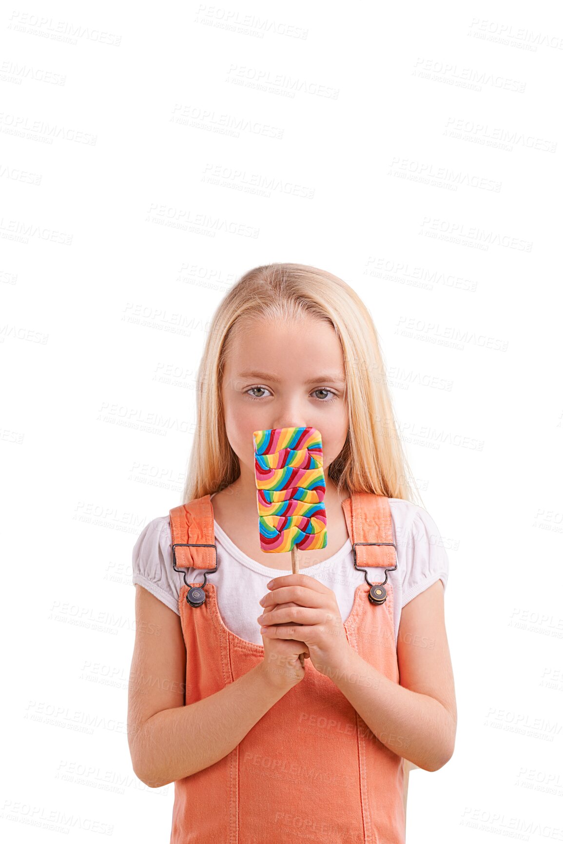 Buy stock photo Isolated girl kid, lollipop and portrait for eating, sweets and cover mouth by transparent png background. Child, candy or dessert with rainbow color for snack with face, fashion and trendy clothes