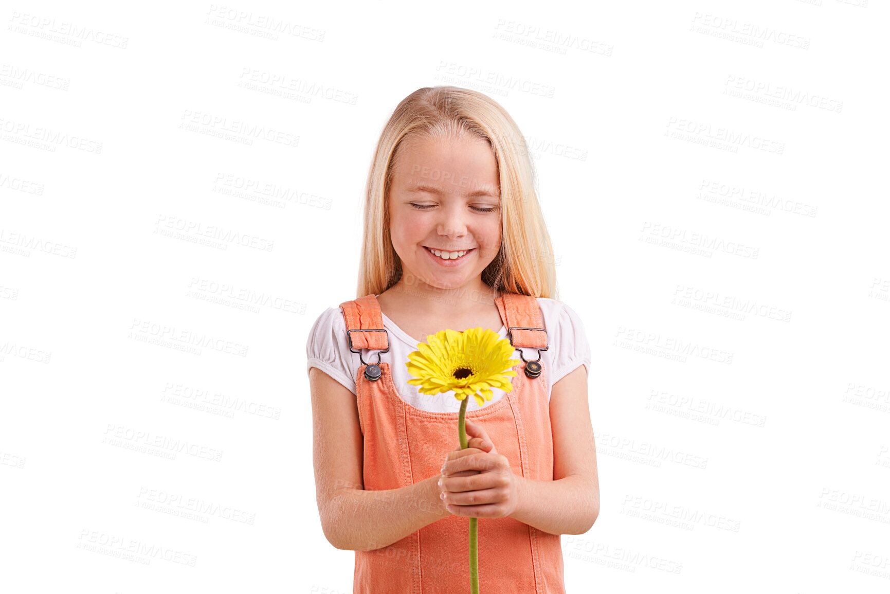 Buy stock photo Fashion, casual and girl child with flower for surprise, gift or present for love or valentines day. Cute, model and young person with yellow floral plant isolated by transparent png background.