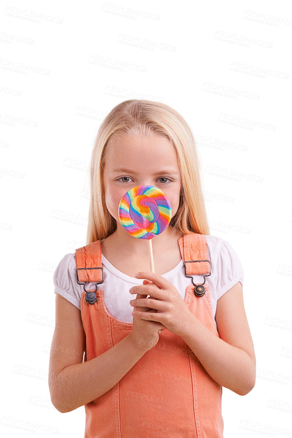 Buy stock photo Isolated girl child, lollipop and portrait for eating, sweets and cover mouth by transparent png background. Kid, candy or dessert with rainbow color for snack with face, fashion and trendy clothes