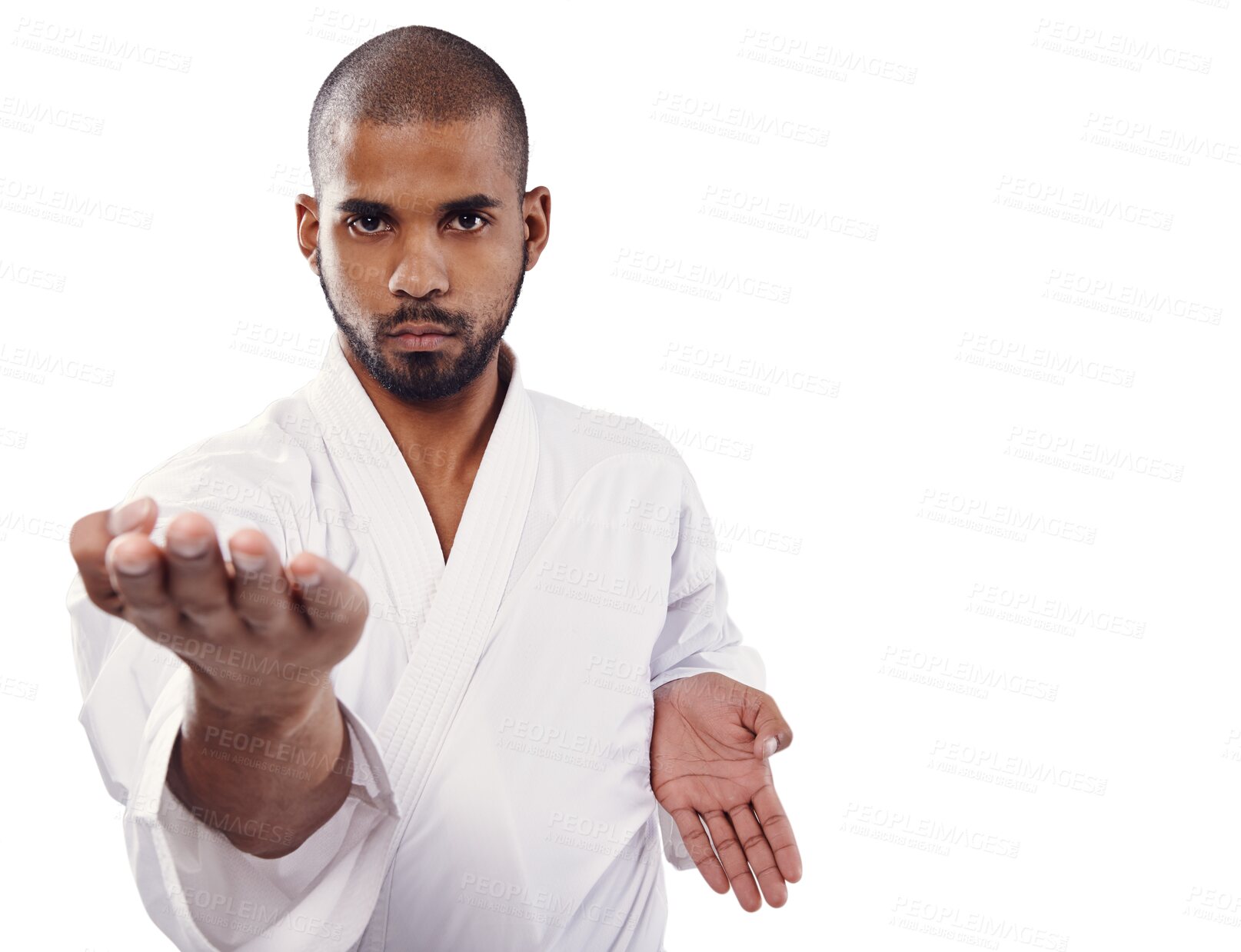 Buy stock photo Man, portrait and karate with palm in martial arts or self defense training isolated on a transparent PNG background. Face of serious male person or fighter in pose, stance or technique for taekwondo
