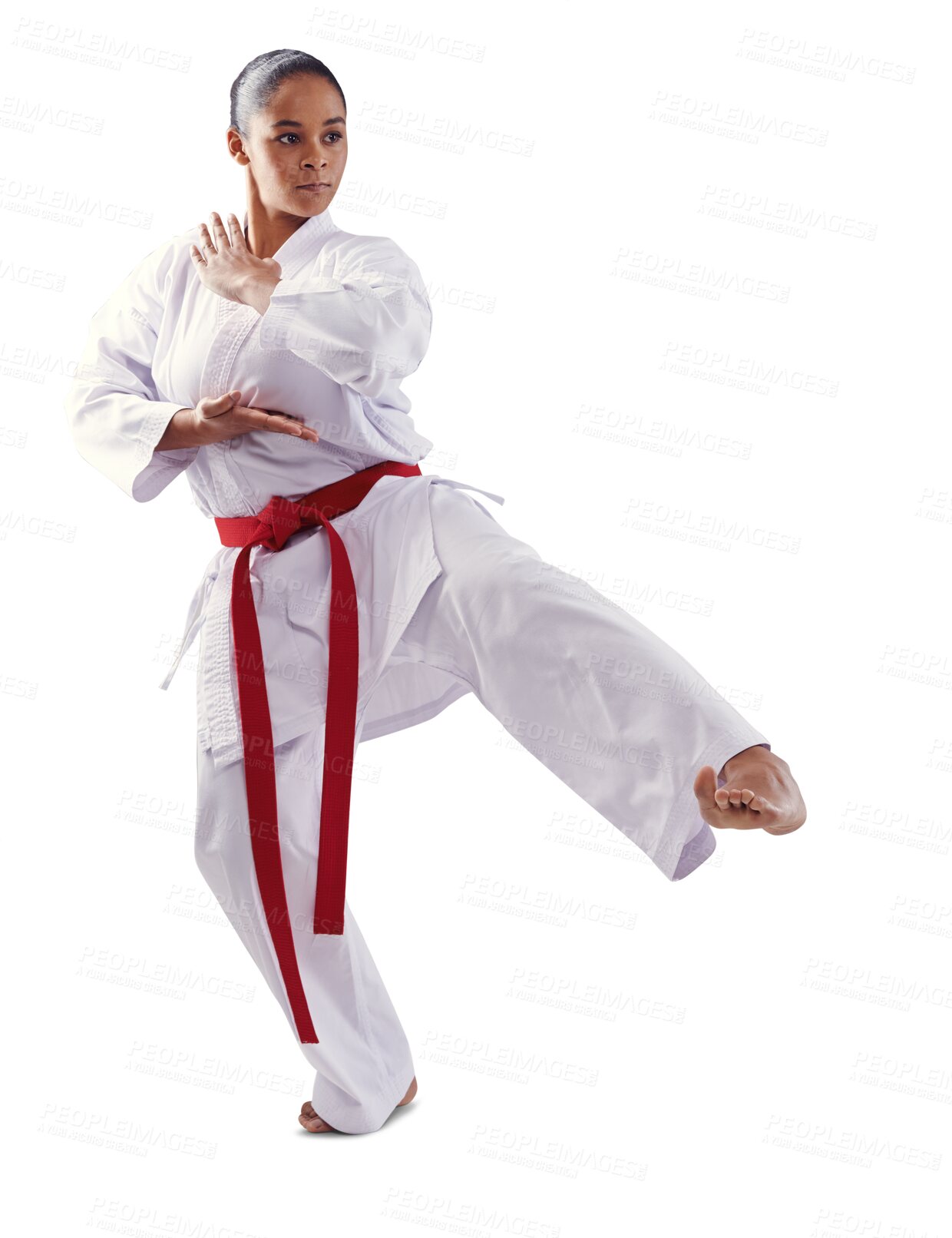 Buy stock photo Woman, karate and kick for martial arts training, fight and uniform and isolated on transparent png background. Professional, exercise and strong for sports, technique and defense female athlete