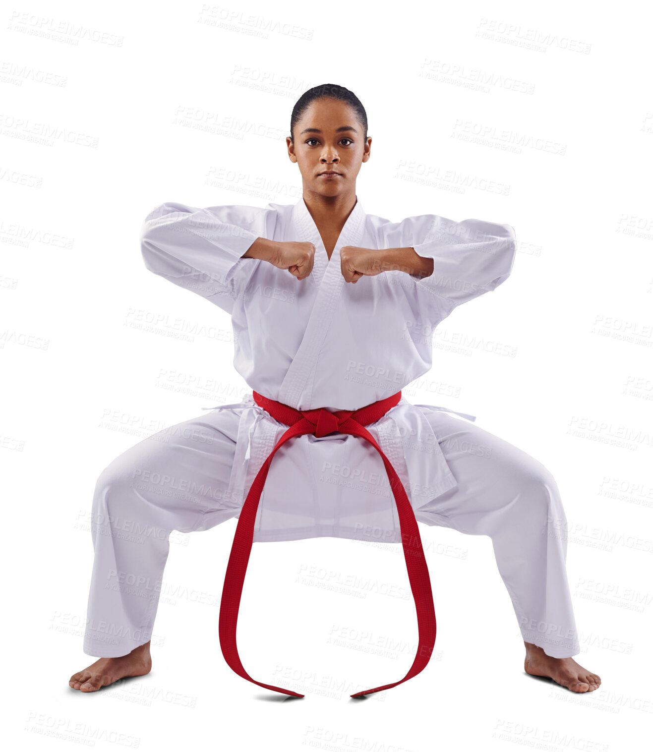 Buy stock photo Woman, karate and portrait for martial arts, taekwondo and defense fist for fighting and isolated on png background. Professional, exercise and strong for fitness, technique or fighter female athlete