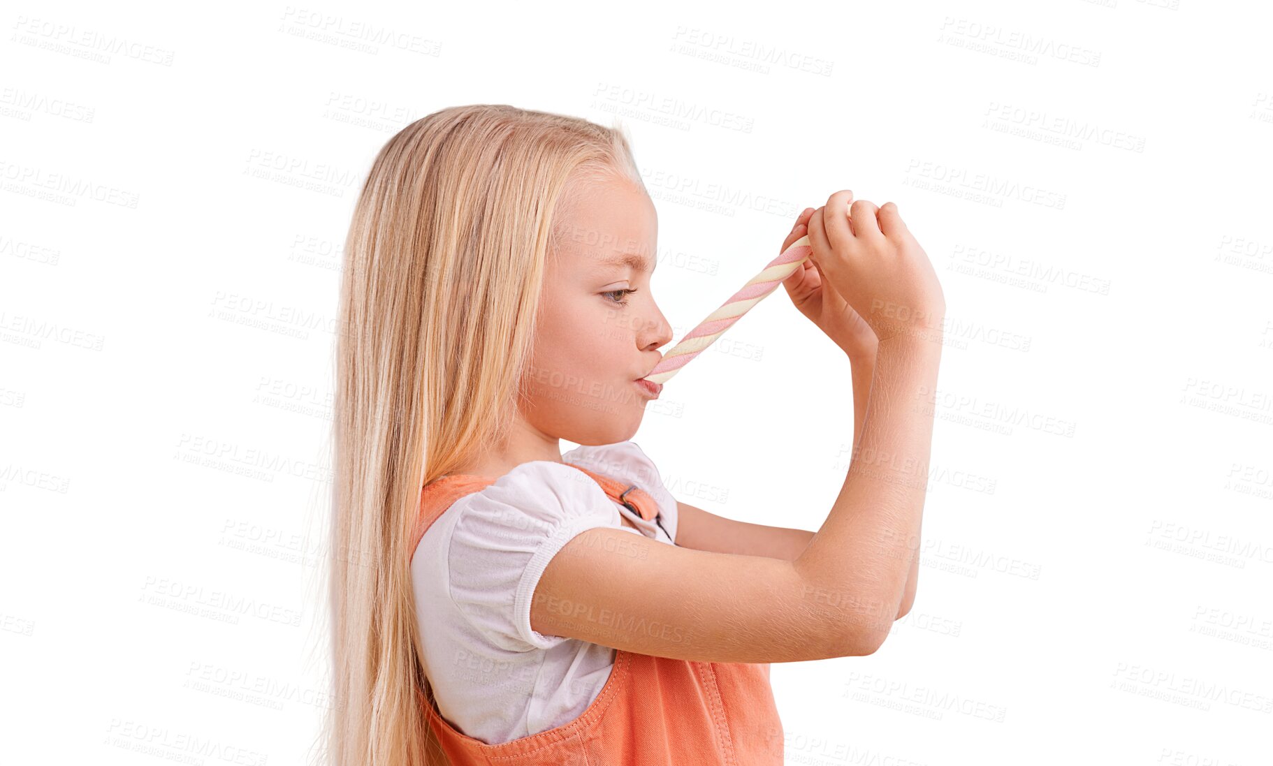 Buy stock photo Sweet, kid and candy eating with profile and food with hungry for pastel snack. Young child, girl and youth clothing with fashion isolated on a transparent, png background with a marshmallow