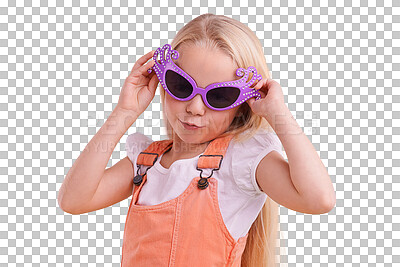 Buy stock photo Happy, child fashion  and silly sunglasses with kid and party accessory with youth and crazy eyeglasses. Laugh, comedy and girl isolated on a transparent, png background with funny glasses and cute