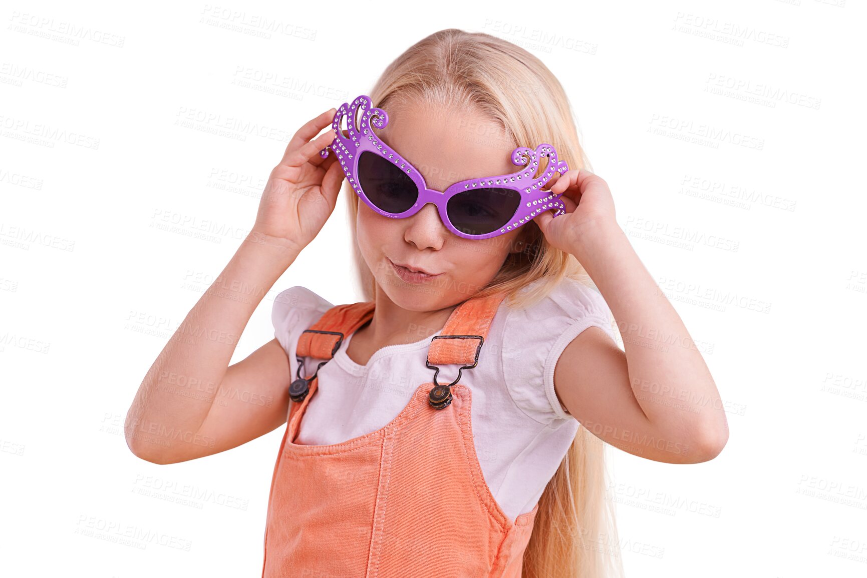 Buy stock photo Happy, child fashion  and silly sunglasses with kid and party accessory with youth and crazy eyeglasses. Laugh, comedy and girl isolated on a transparent, png background with funny glasses and cute