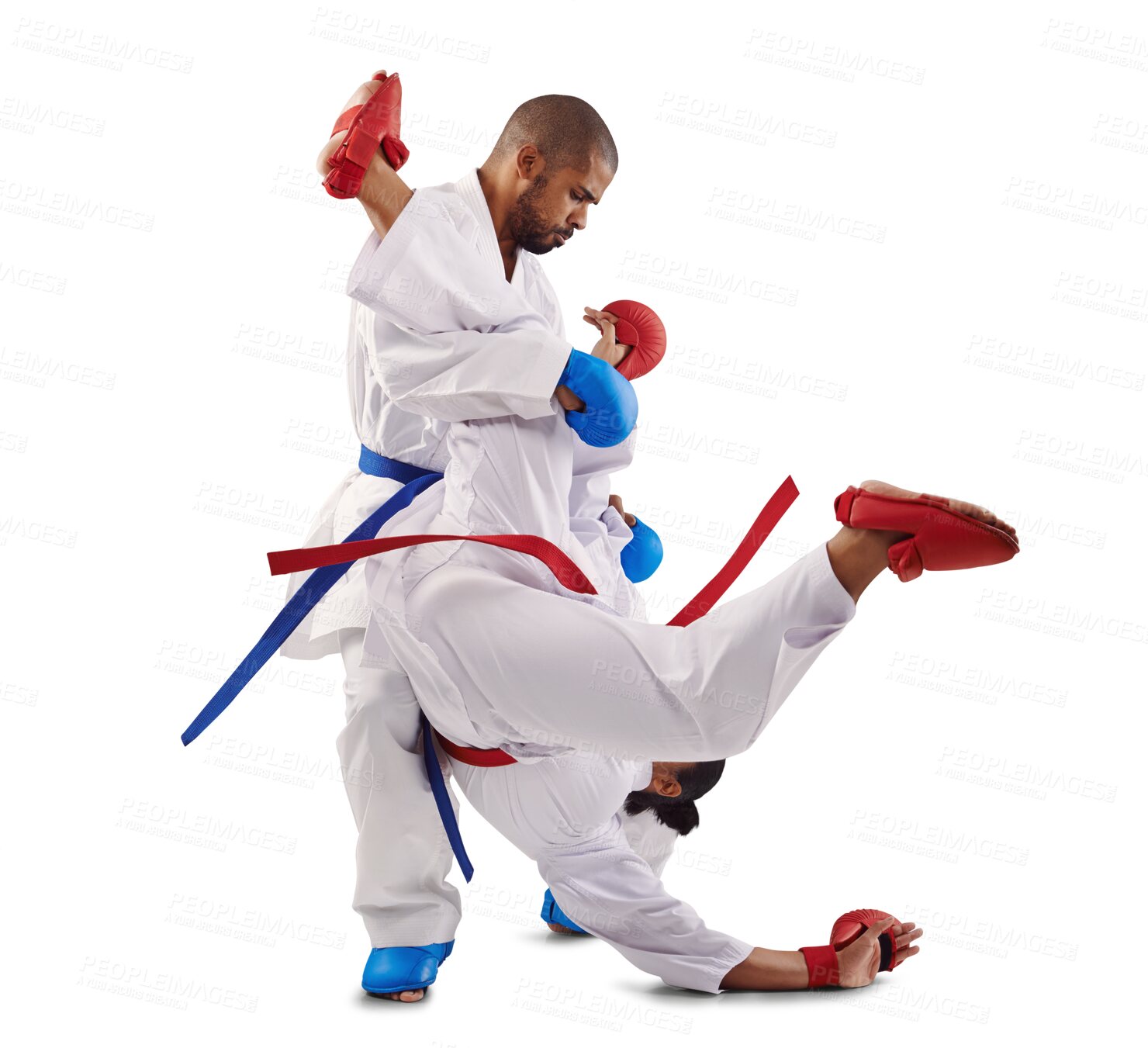 Buy stock photo Karate, martial arts fight and sport with training, defence and fighter for MMA and competition. Exercise, skill fitness and athlete uniform with workout isolated on a transparent, png background