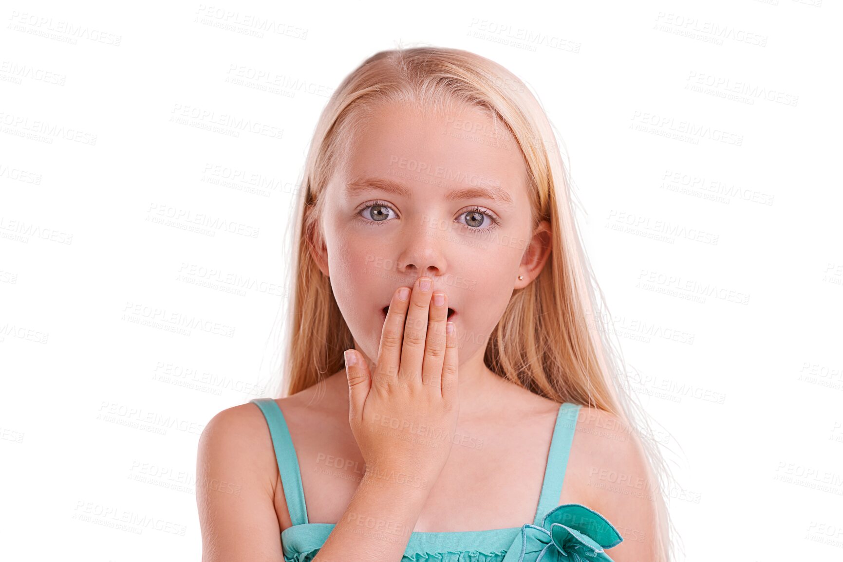 Buy stock photo Wow, portrait and girl child with hand on mouth on isolated, transparent and png background. Omg, news and face of kid model with shocked emoji for news, announcement or unexpected giveaway prize