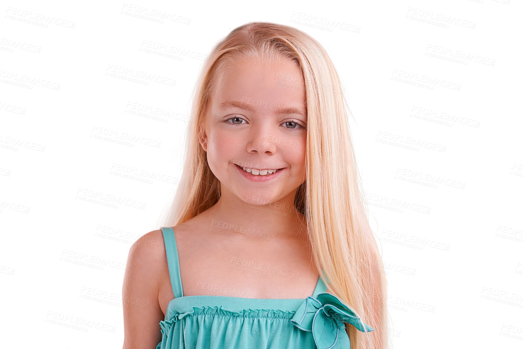 Buy stock photo Portrait, smile and happy girl with modern fashion and kids clothing with confidence. Young kid, youth clothes and child from Sweden with joy and dress isolated on a transparent, png background