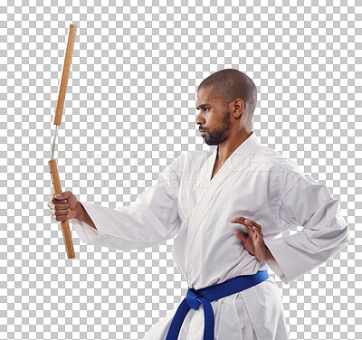 Buy stock photo Karate, sports and a man fighter with nunchucks isolated on a transparent background for self defense. Fitness, weapon or equipment with a young athlete training for a combat competition on PNG