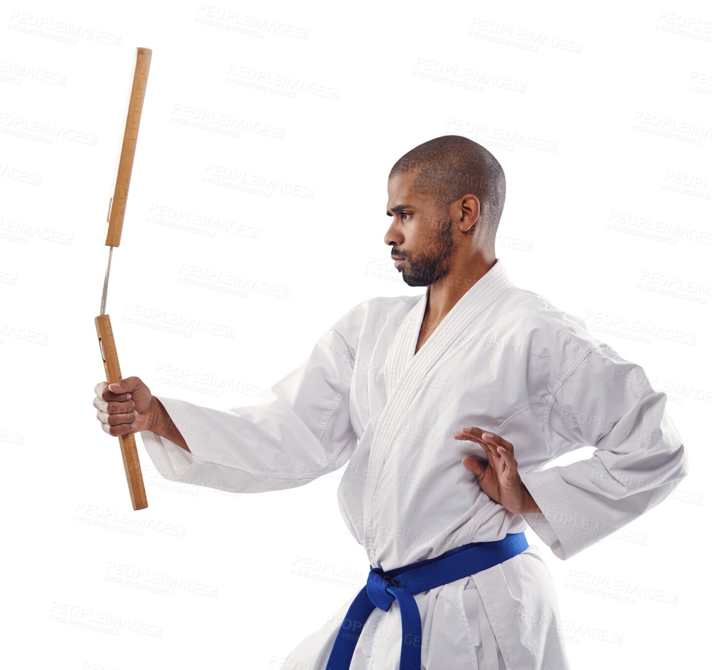 Buy stock photo Karate, sports and a man fighter with nunchucks isolated on a transparent background for self defense. Fitness, weapon or equipment with a young athlete training for a combat competition on PNG