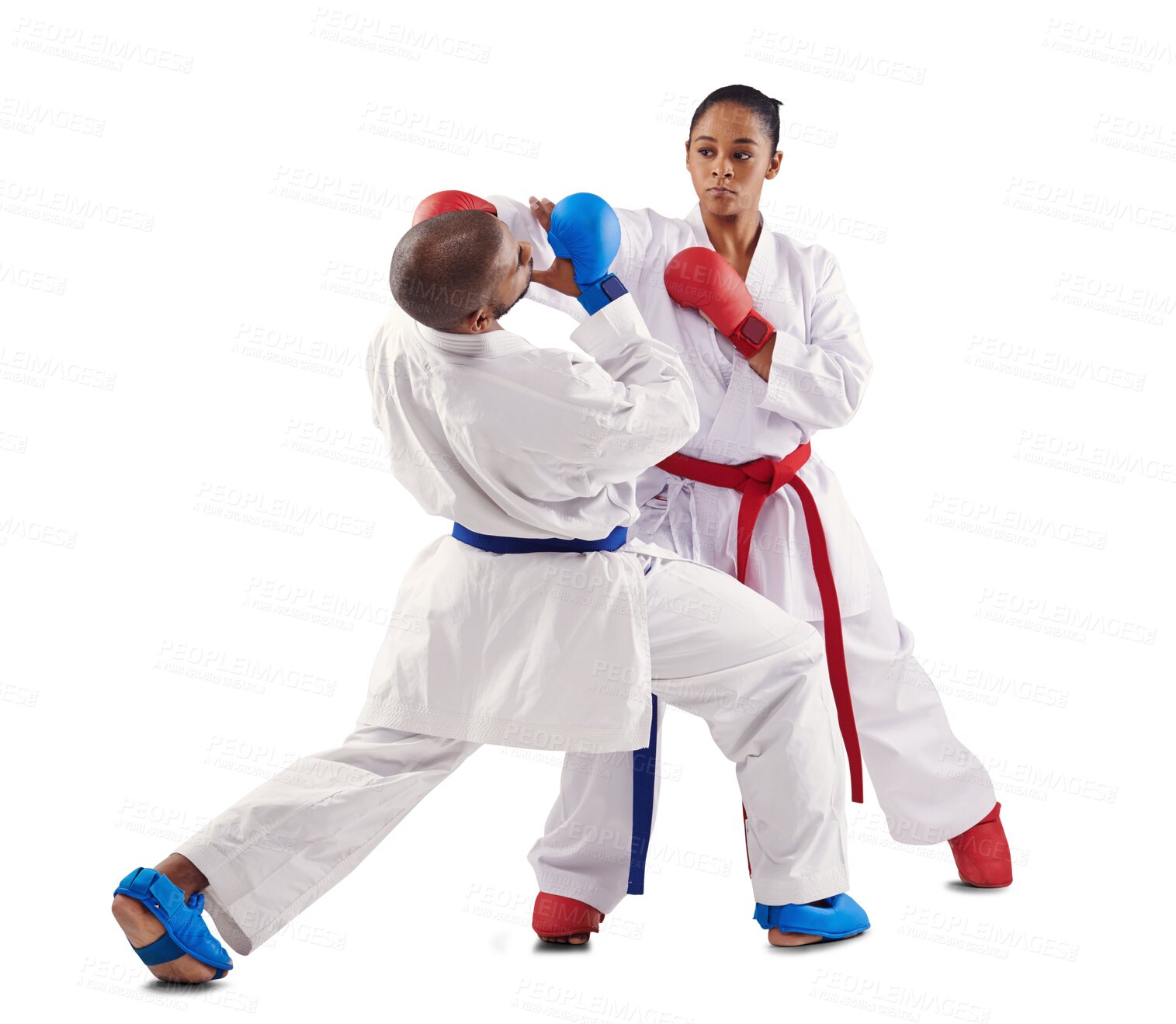 Buy stock photo Karate punch, martial arts fight and sport with training, defence and fighter for cardio competition. Exercise, skill fitness and athlete uniform with workout isolated on transparent, png background