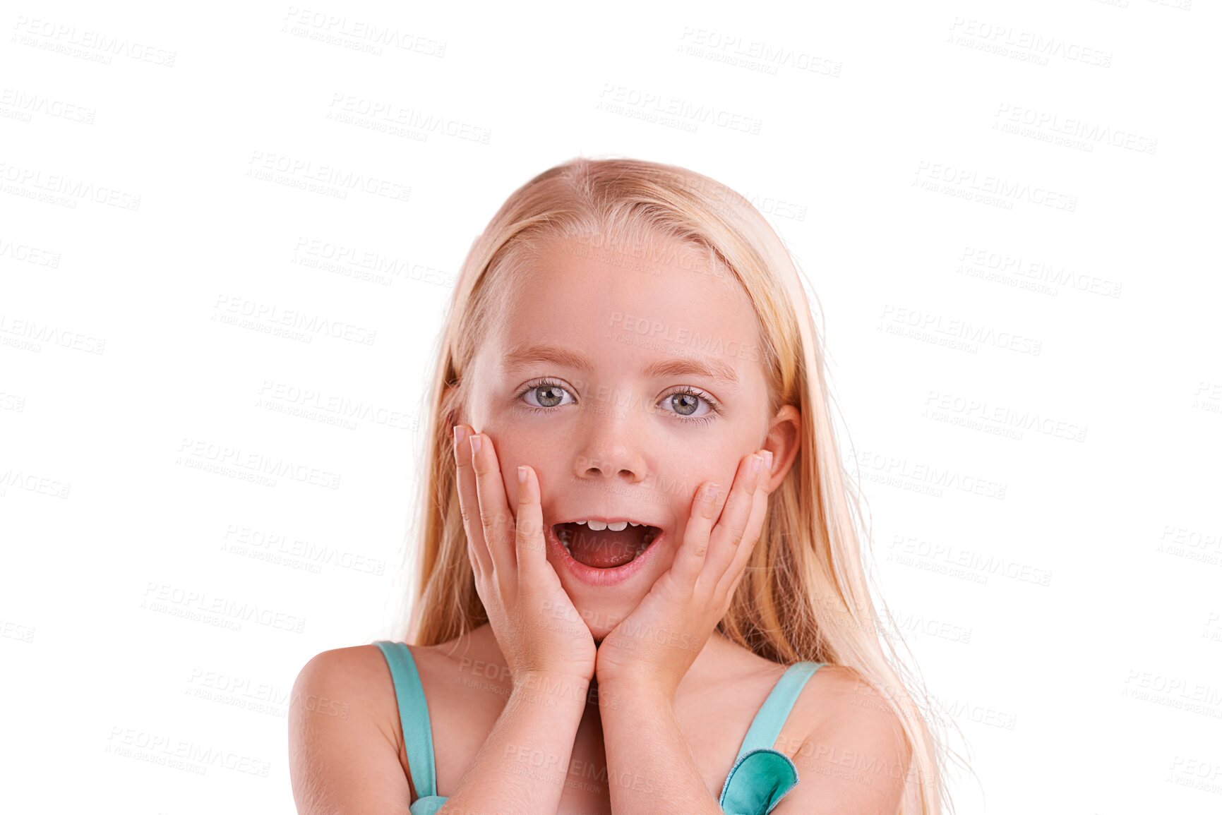 Buy stock photo Wow, news and hands on face of girl child with surprise on isolated, transparent and png background. Omg, portrait and female kid model with shocking announcement, sale or discount, deal or offer