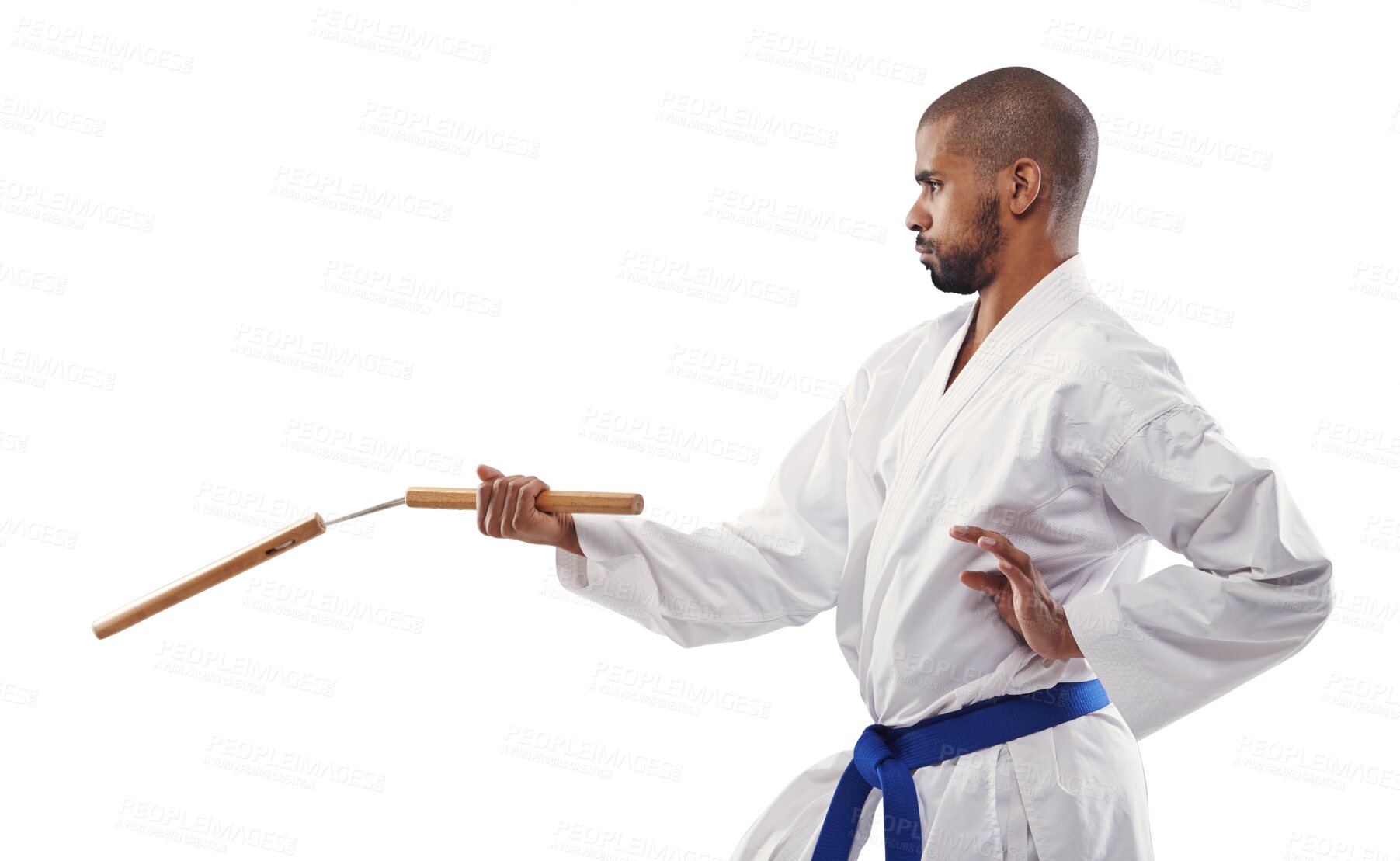 Buy stock photo Karate, workout and a man training with nunchucks isolated on a transparent background for self defense. Fitness, weapon or equipment with a young athlete on PNG to practice for a sports competition