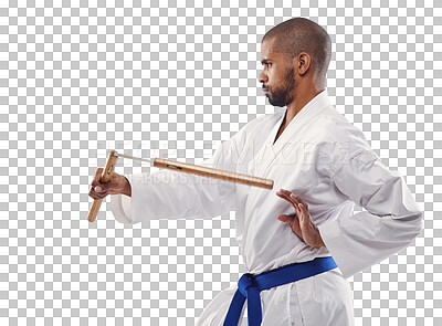 Buy stock photo Karate, workout and a sports man with nunchucks isolated on a transparent background for self defense. Training, weapon or equipment with a young athlete on PNG to practice for a combat fitness