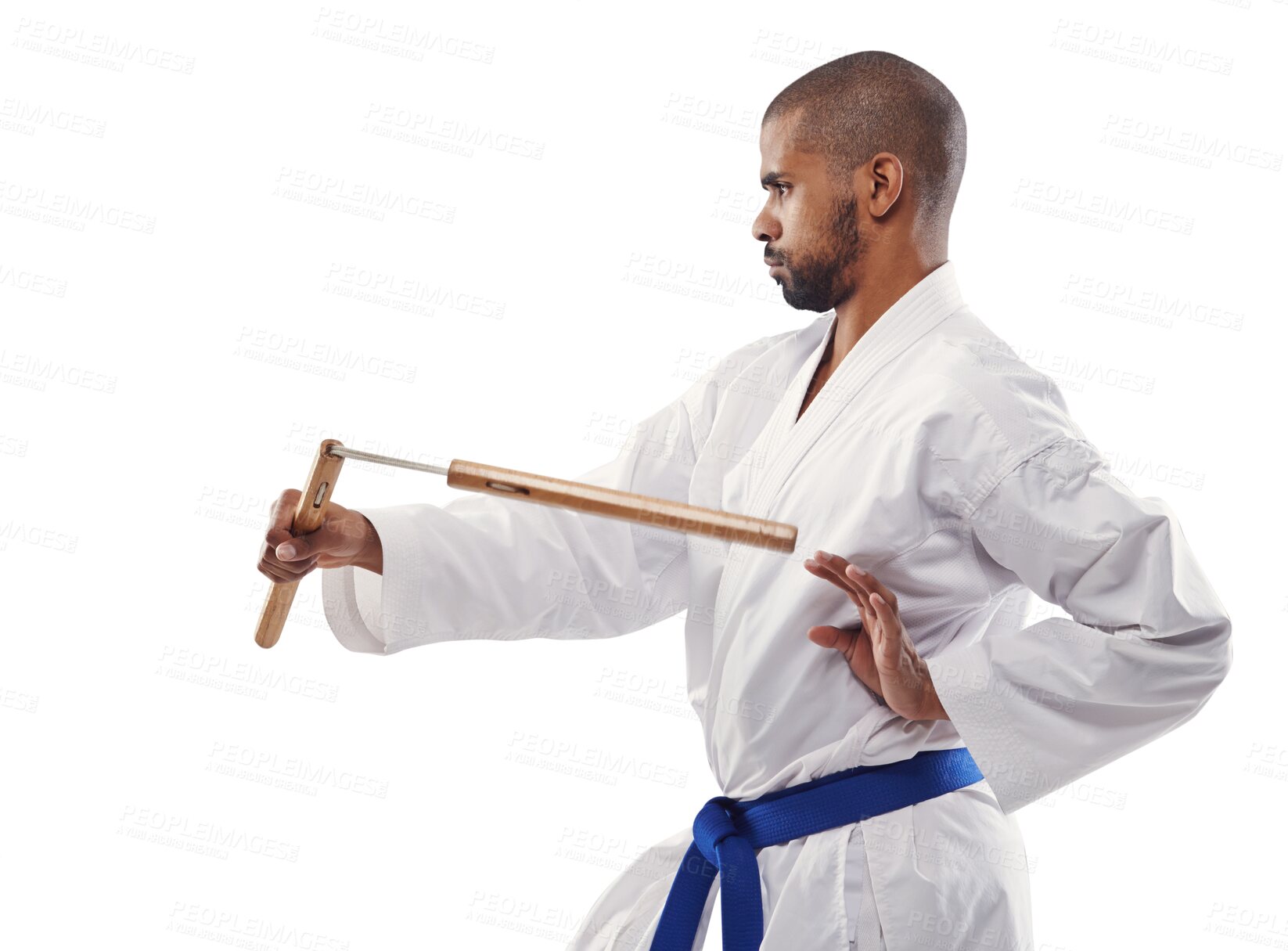 Buy stock photo Karate, workout and a sports man with nunchucks isolated on a transparent background for self defense. Training, weapon or equipment with a young athlete on PNG to practice for a combat fitness