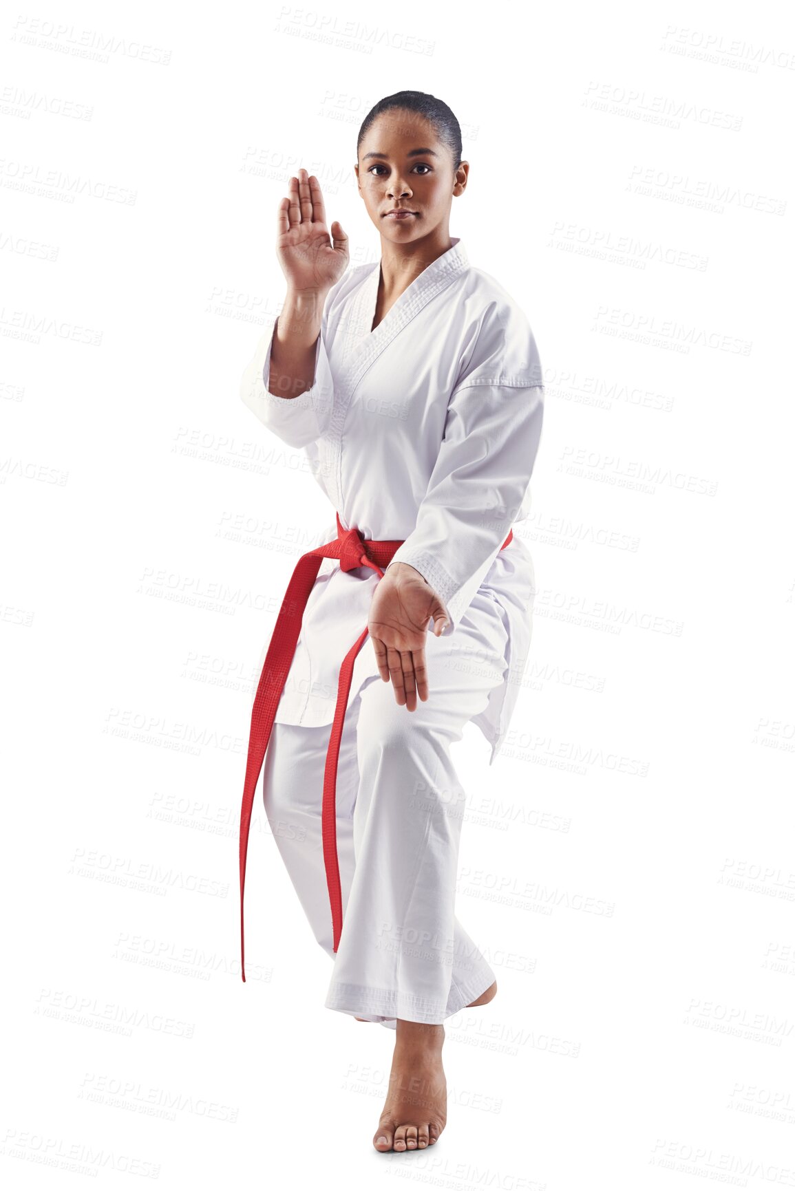 Buy stock photo Woman, karate and workout for taekwondo, fighter and fitness for fighting and isolated on transparent png background. Professional, exercise and strong for sports, technique or martial arts training