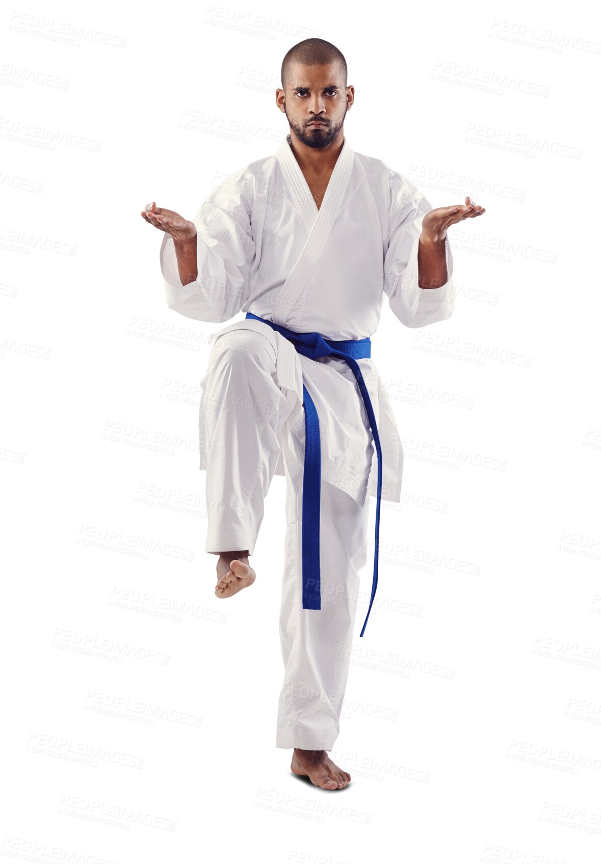 Buy stock photo Karate, black man and portrait with defence pose, fitness and exercise training to fight with health. Wellness, male person and athlete with fighter uniform isolated on a transparent, png background