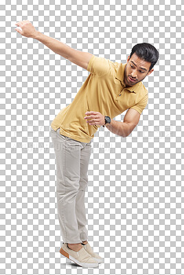 Buy stock photo Dance, lean movement and man with freedom, energy and performance with comedy and music. Creative, balance and happy with confidence of excited male dancer isolated on a transparent, png background