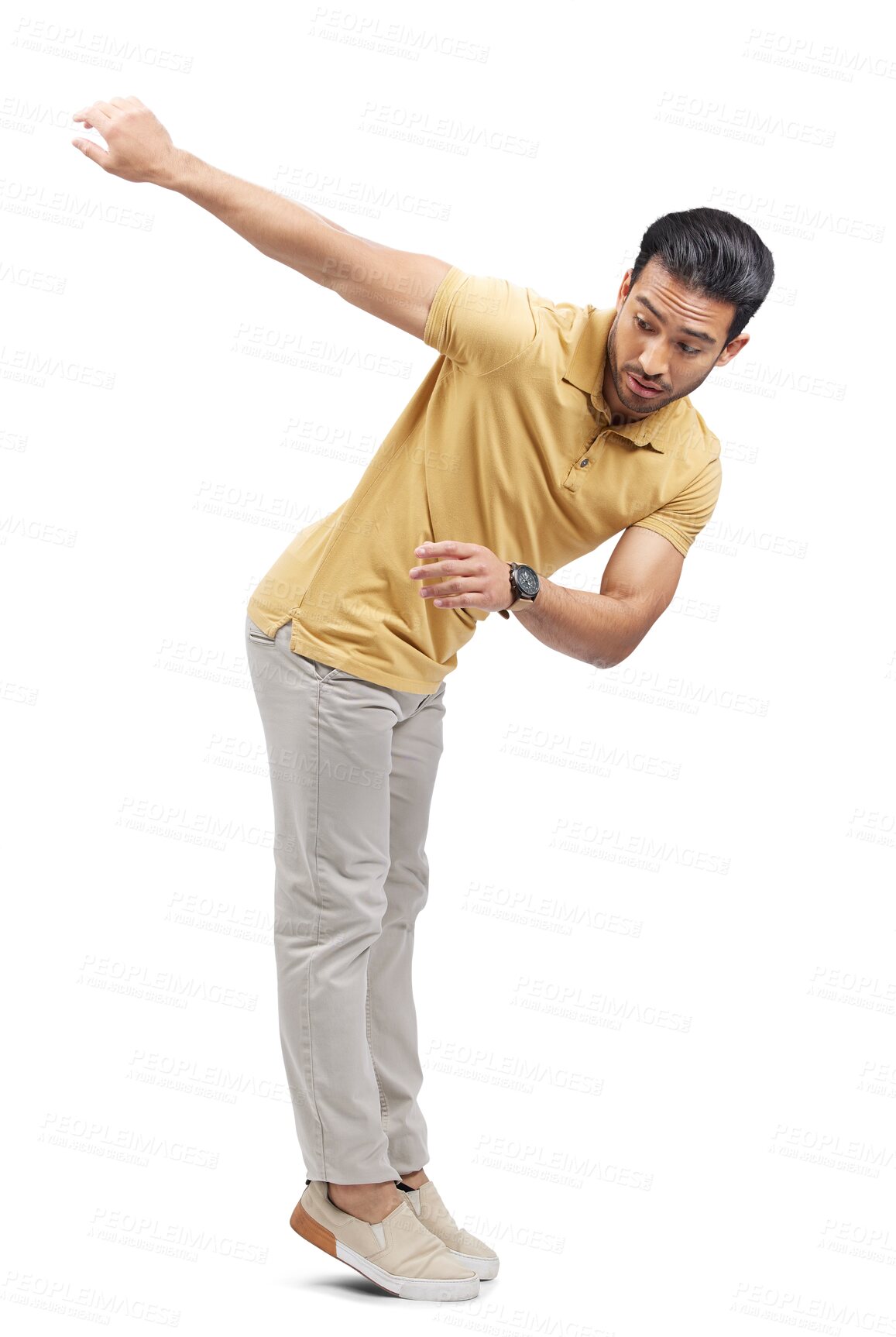 Buy stock photo Dance, lean movement and man with freedom, energy and performance with comedy and music. Creative, balance and happy with confidence of excited male dancer isolated on a transparent, png background