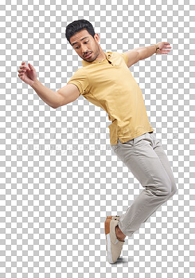 Buy stock photo Dance, balance and man with freedom, energy and performance with comedy and music. Creative, moving and action with confidence of male person and dancer isolated on a transparent, png background