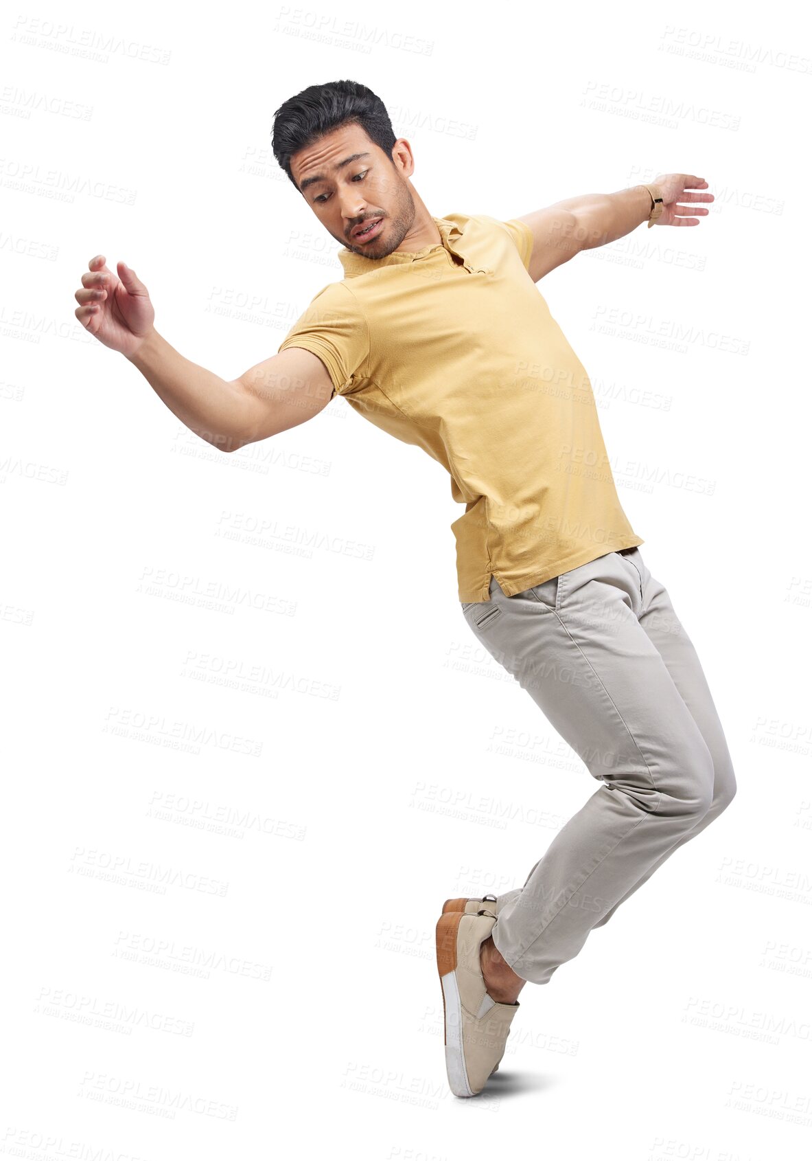 Buy stock photo Dance, balance and man with freedom, energy and performance with comedy and music. Creative, moving and action with confidence of male person and dancer isolated on a transparent, png background