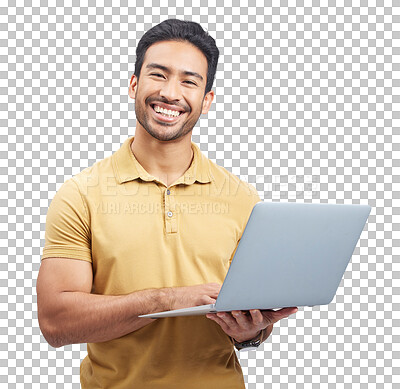 Buy stock photo Portrait, smile and man with laptop and internet work isolated on a transparent, png background. Male person, happy and creative writer with pc, website information and tech with email and working