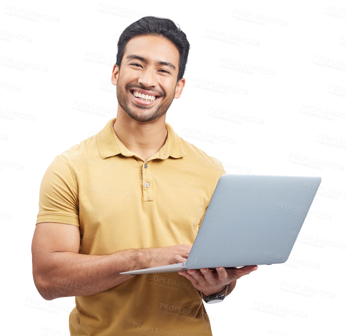 Buy stock photo Portrait, smile and man with laptop and internet work isolated on a transparent, png background. Male person, happy and creative writer with pc, website information and tech with email and working