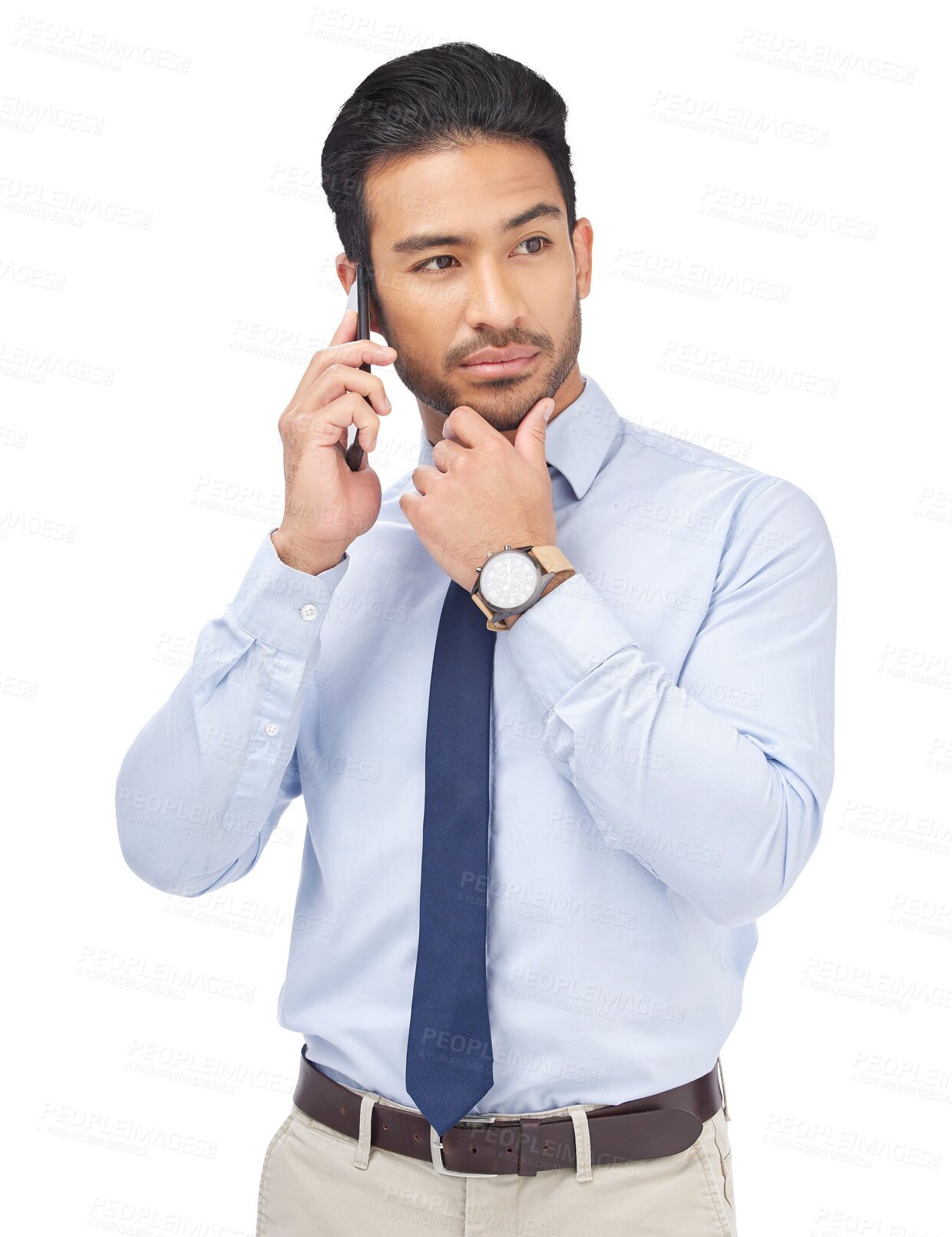 Buy stock photo Business, phone call and Asian man with thinking and conversation and work discussion with tech. Person, networking and planning with communication and talking isolated on transparent, png background