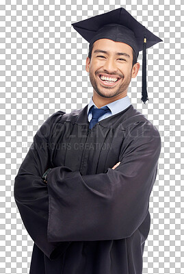 Buy stock photo Isolated graduate man, arms crossed and portrait with smile, pride and education by transparent png background. University student, graduation and person with success, goals and happy for future