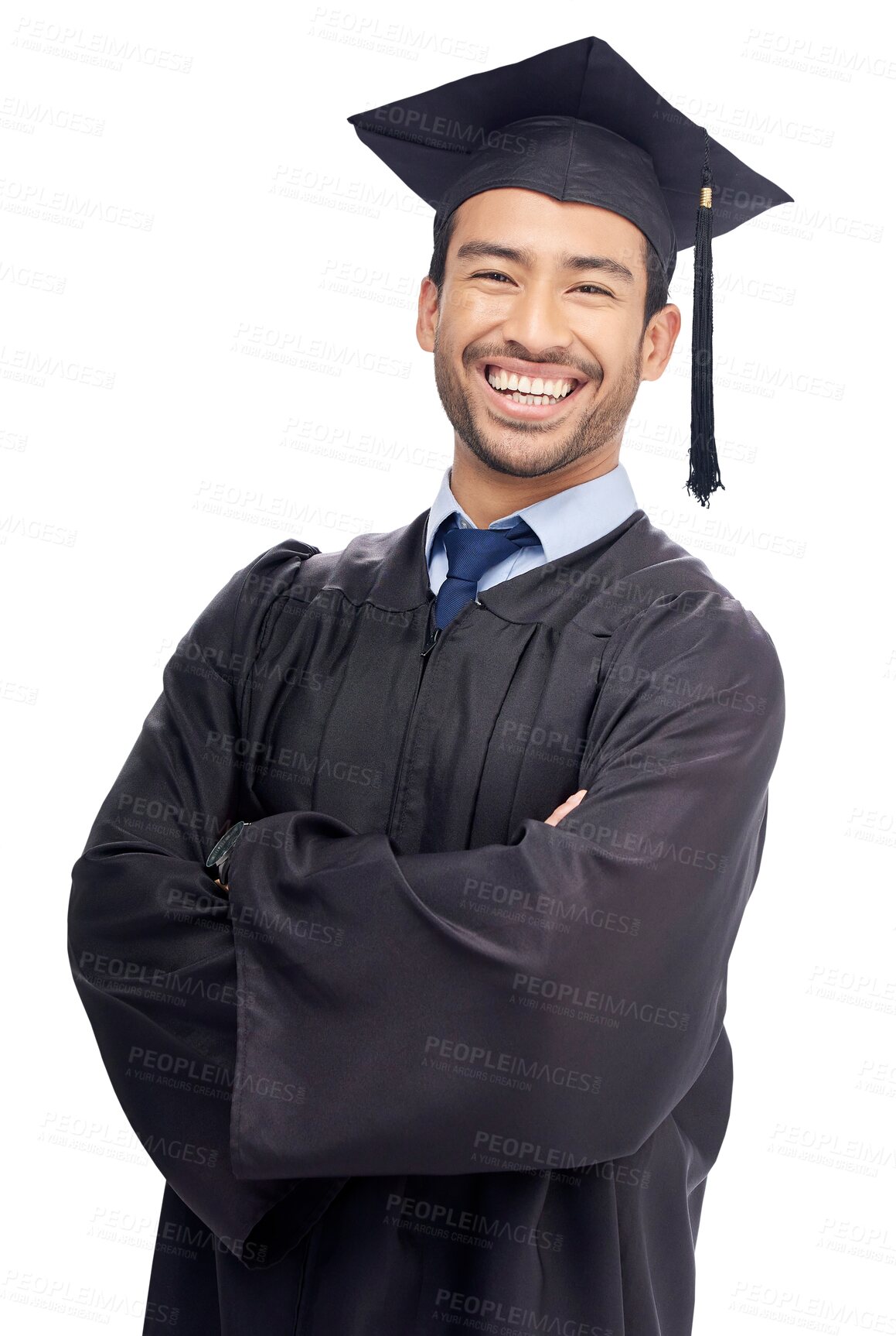 Buy stock photo Isolated graduate man, arms crossed and portrait with smile, pride and education by transparent png background. University student, graduation and person with success, goals and happy for future