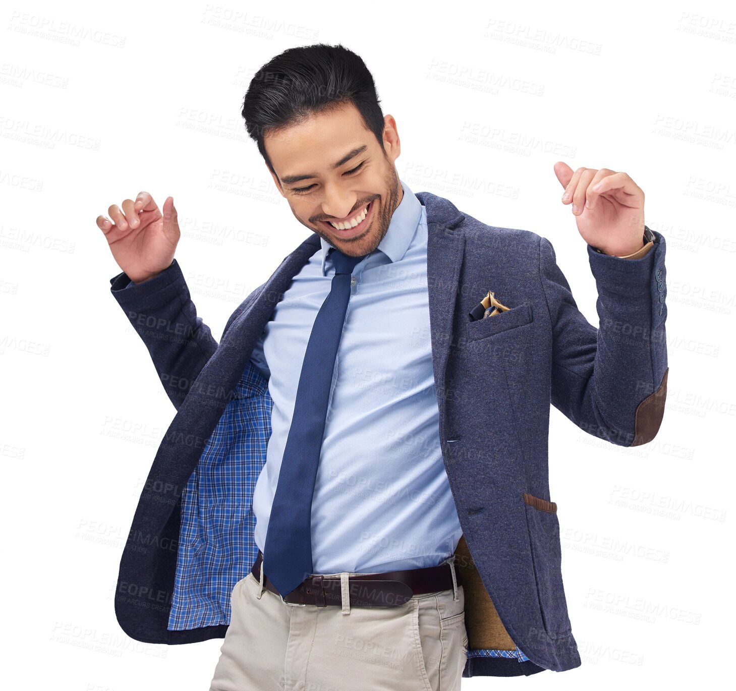 Buy stock photo Isolated business man, dancing and smile with success, celebration and thinking by transparent png background. Entrepreneur, dancer and happy for goals, winning and vintage suit for fashion choice